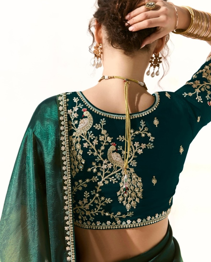 2223 - ATTRACTIVE TEAL GREEN BORDER WORK TISSUE SILK FESTIVE WEAR SAREE